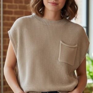LILLUSORY Oversized Ribbed Knit Sweater Vest Tan XS 100% Cotton